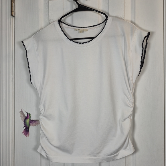 Madewell Tops - Madewell White Ric Rac Trim Ruched Side Cap Sleeve Tee M